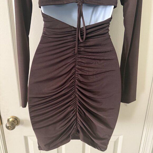 AKIRA Brown Long Sleeve Cutout Ruched Mini Dress New Without Tags S - Picture 5 of 6